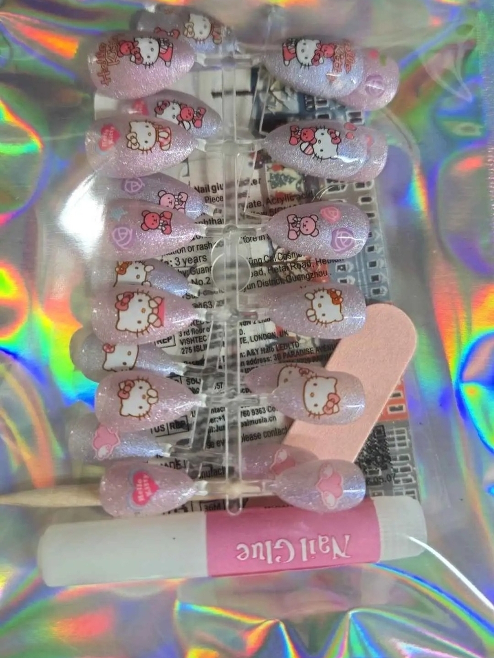 Handmade Hello Kitty Pink and Purple Glitter Press-On Nail Kit